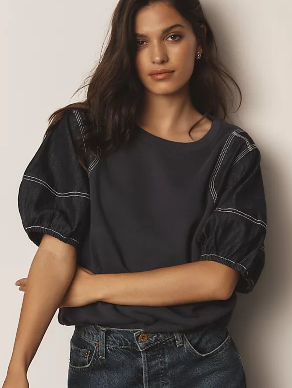 THML Anthropologie Puff Sleeve Twofer Sweater Sweatshirt Top